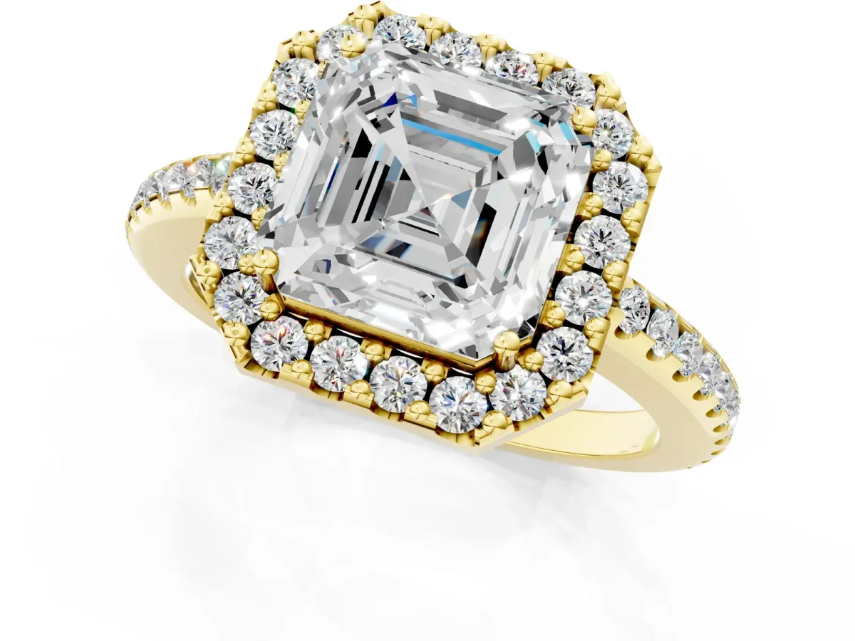Asscher Cut Diamond Pavé Halo Ring with Four-Prong Setting Yellow gold