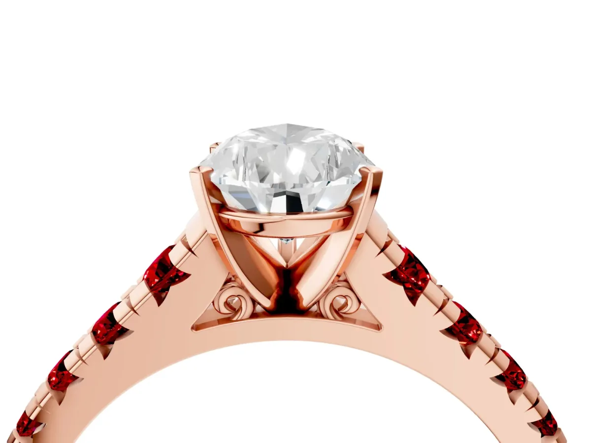Pear Cut Diamond Cathedral Solitaire Ring with Round Ruby Pavé Band Rose gold