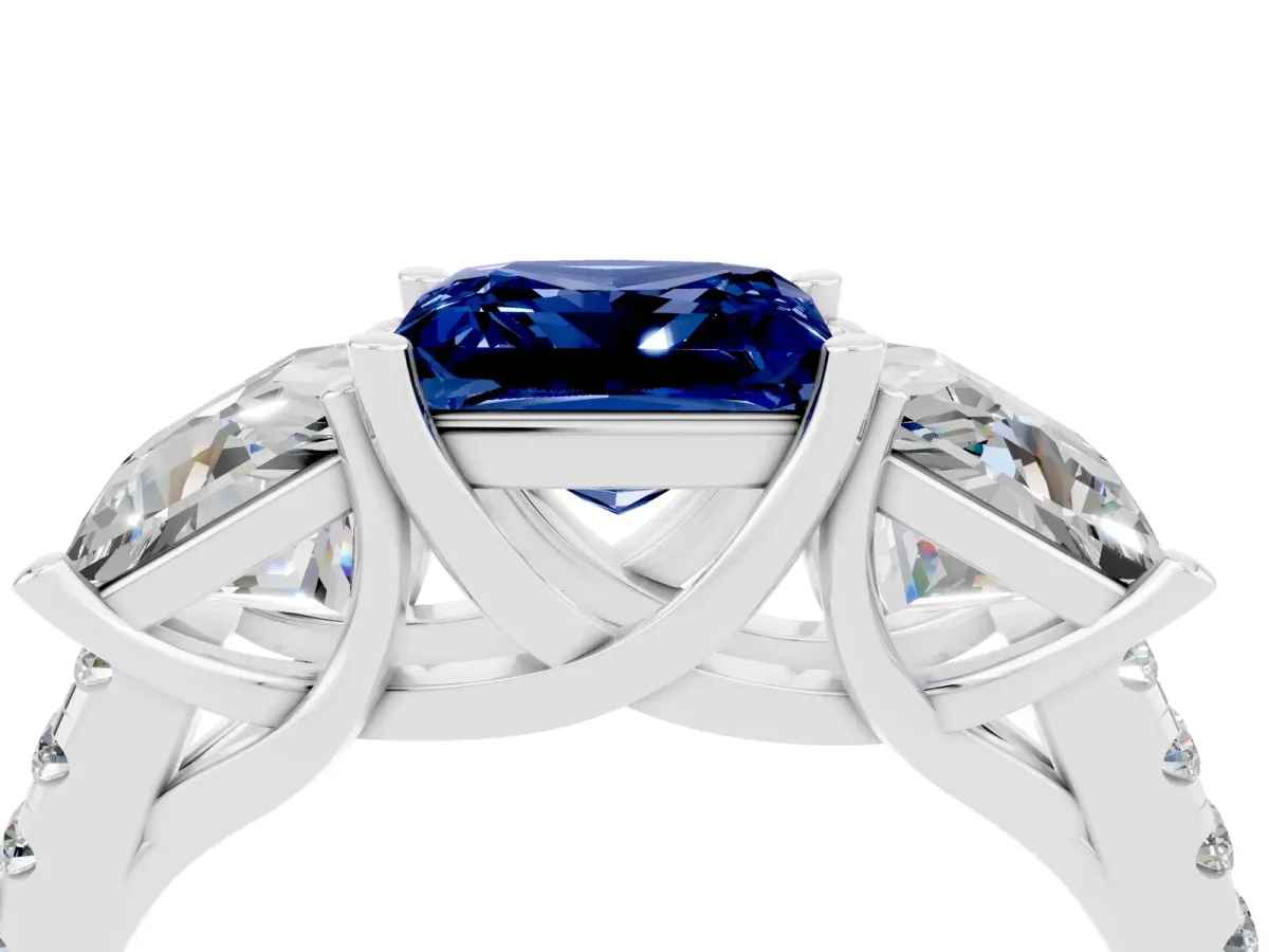 Three-Stone Princess Cut Blue Sapphire Ring with Round Pavé Band and Prong Setting Silver