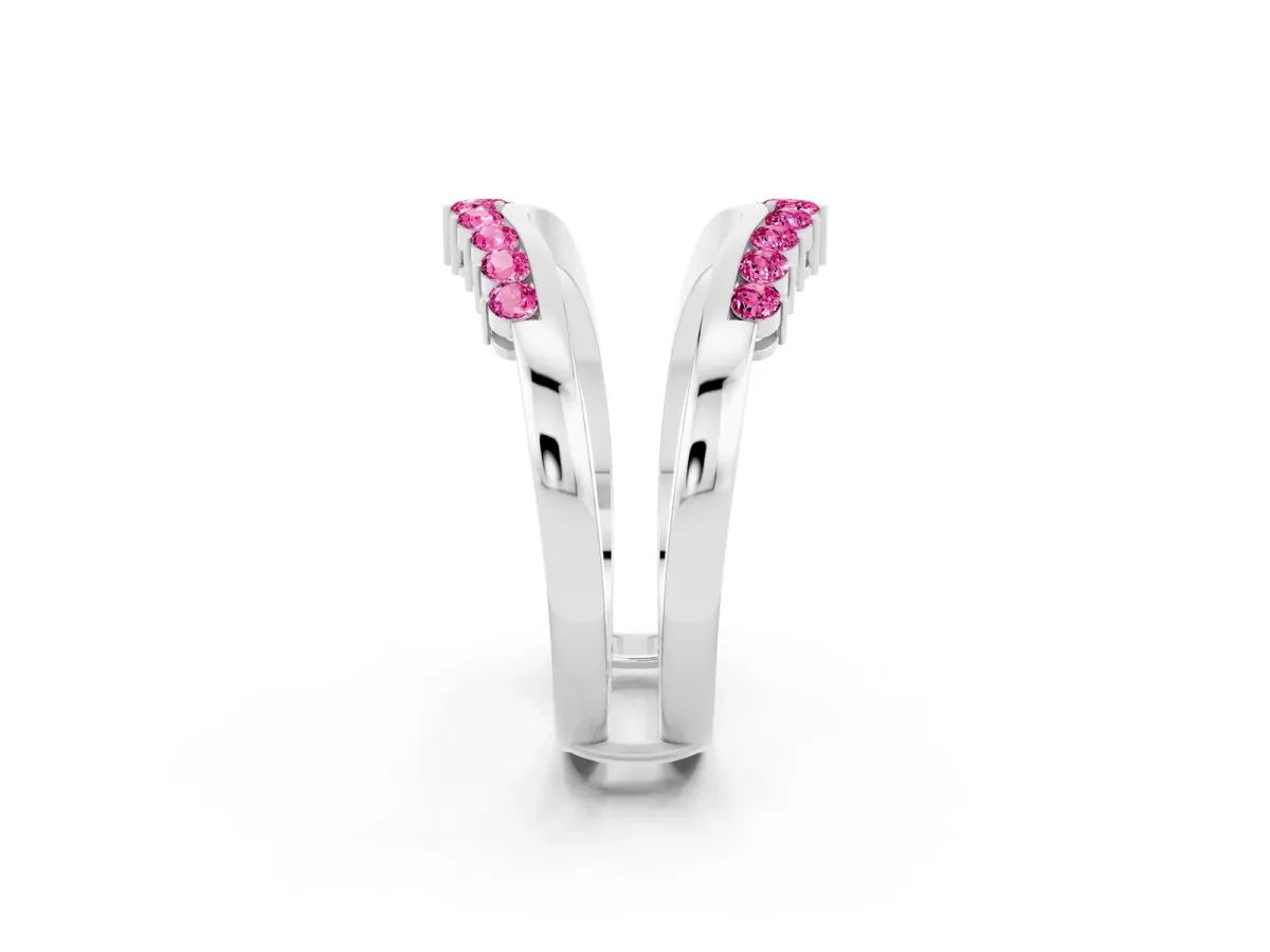 Round Pink Sapphire Chevron Contour Band with Prong Setting Platinum