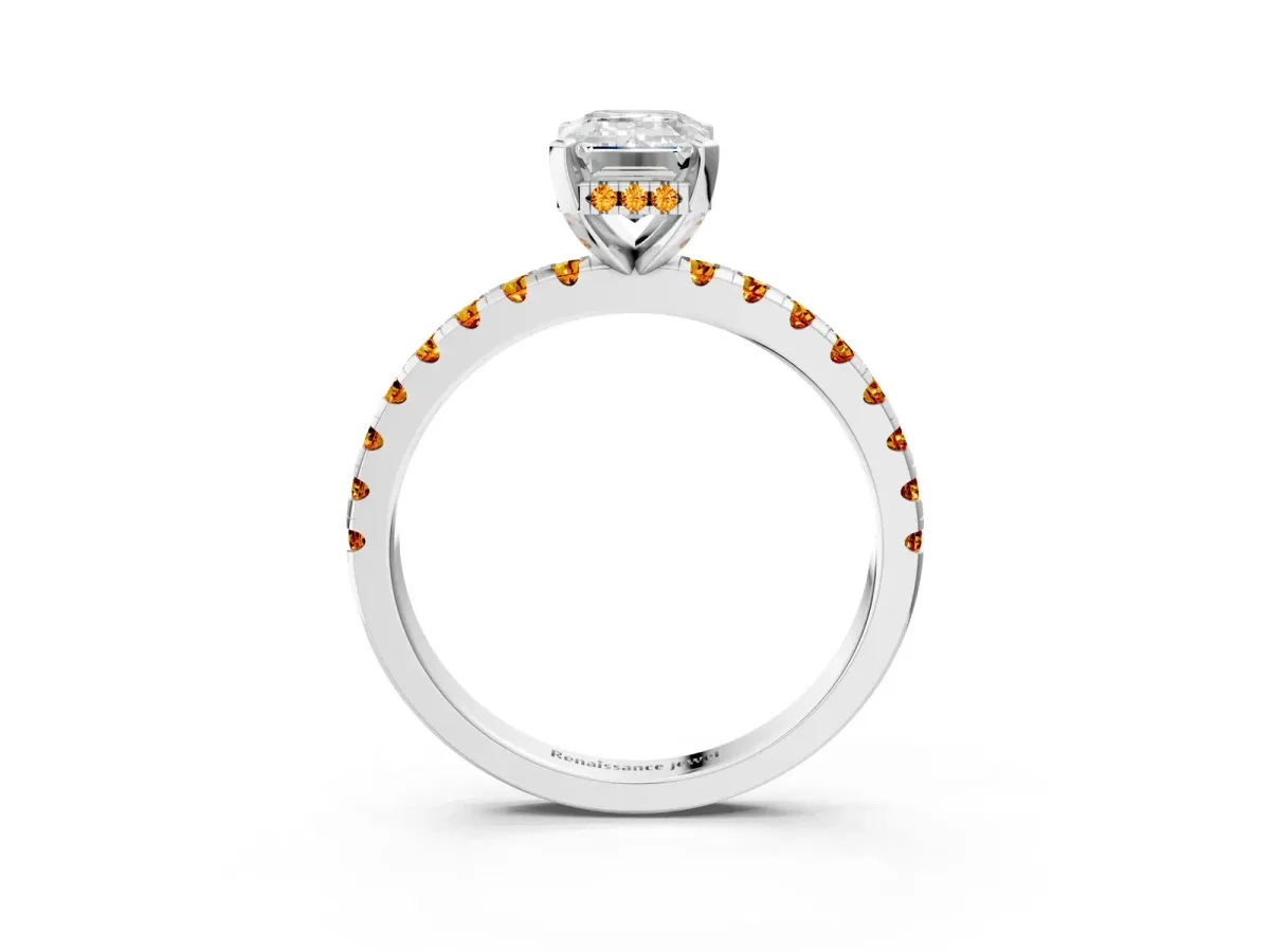Emerald Cut Diamond Solitaire Ring with Round Citrine Pavé Band and Four-Prong Setting Silver