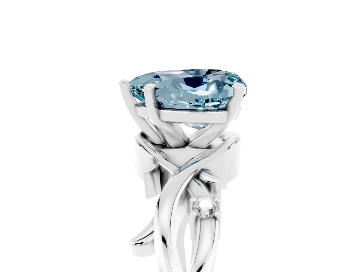 Heart Cut Aquamarine Solitaire Ring with Twisted Band and Prong Setting Silver