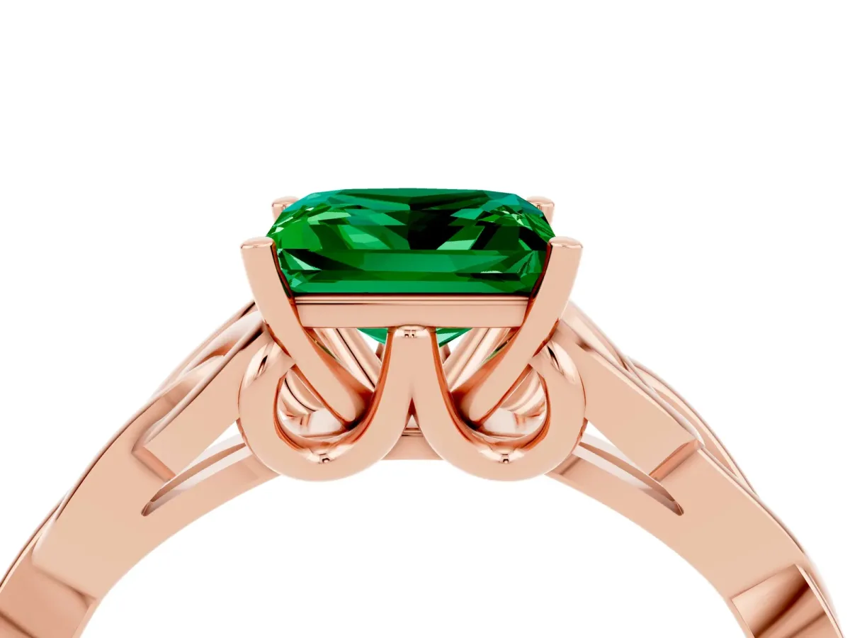 Princess Cut Emerald Solitaire Celtic Knot Ring with Four-Prong Setting Rose gold