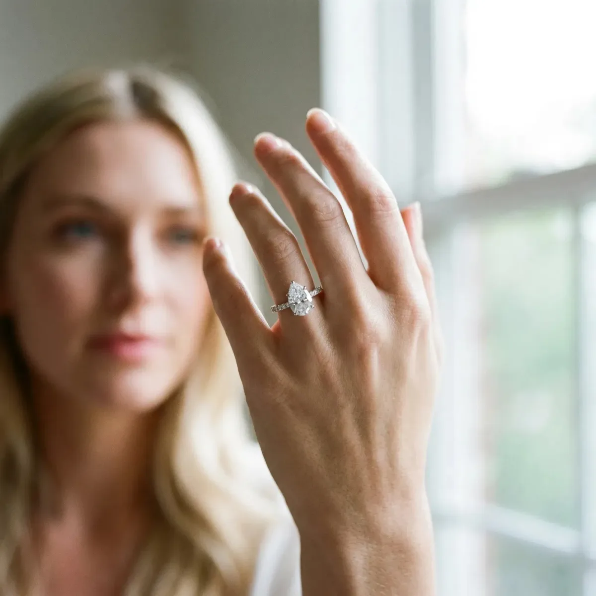 Pear Cut Cut Solitaire Diamond Engagement Ring with Pave Band and Four-Prong Setting Silver