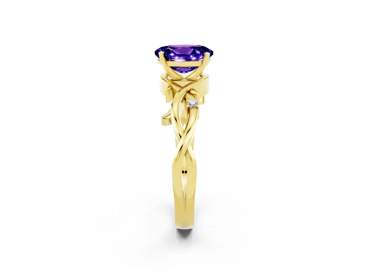 Oval Cut Tanzanite Solitaire Ring with Twisted Band and Prong Setting Yellow gold
