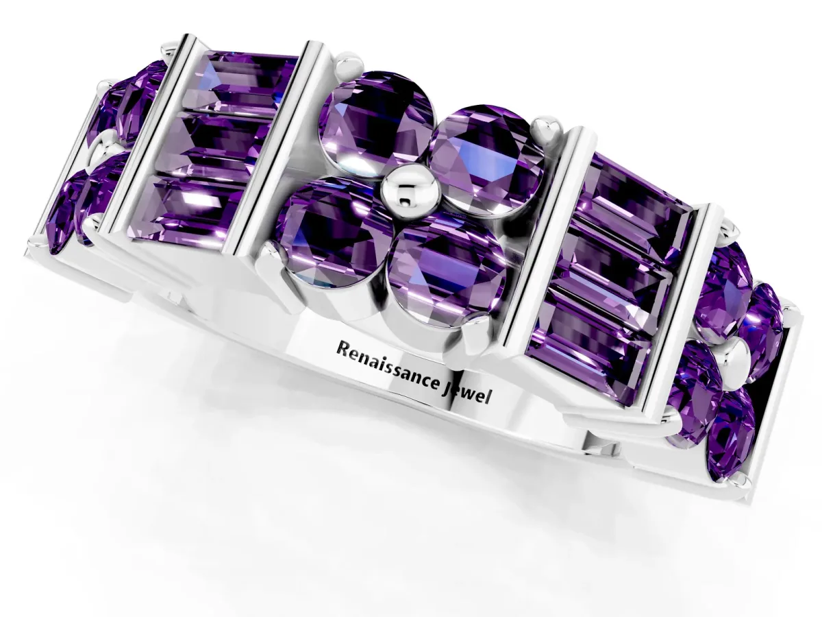 Channel Set Round and Baguette Amethyst Anniversary Band with Prong Setting Silver