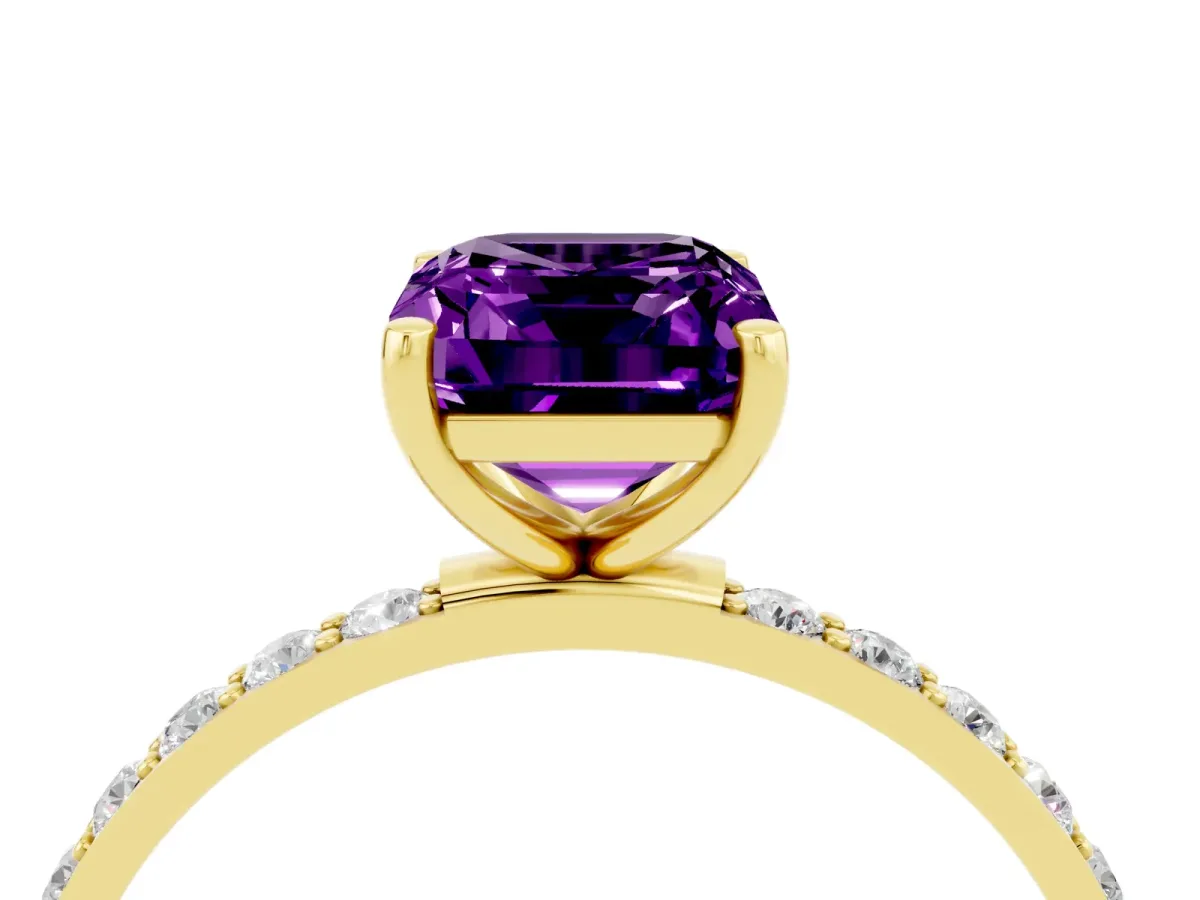 Emerald Cut Amethyst Solitaire Ring with Round Pavé Band and Prong Setting Yellow gold