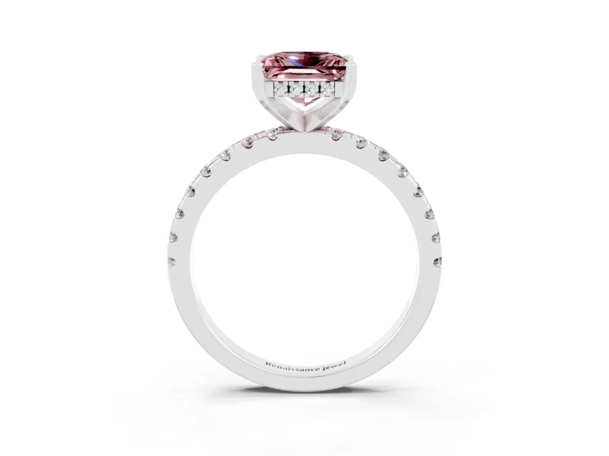 Princess Cut Morganite Solitaire Ring with Round Pavé Band and Four-Prong Setting Silver