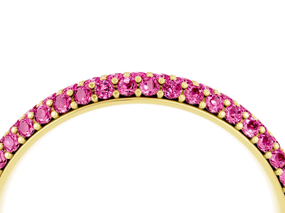 Round Pink Sapphire Pavé Eternity Band with Shared Prong Setting Yellow gold