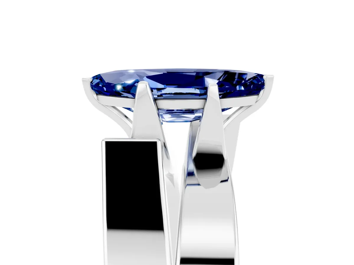 Modern Tension Set Marquise Cut Blue Sapphire Solitaire Wide Band Ring Silver