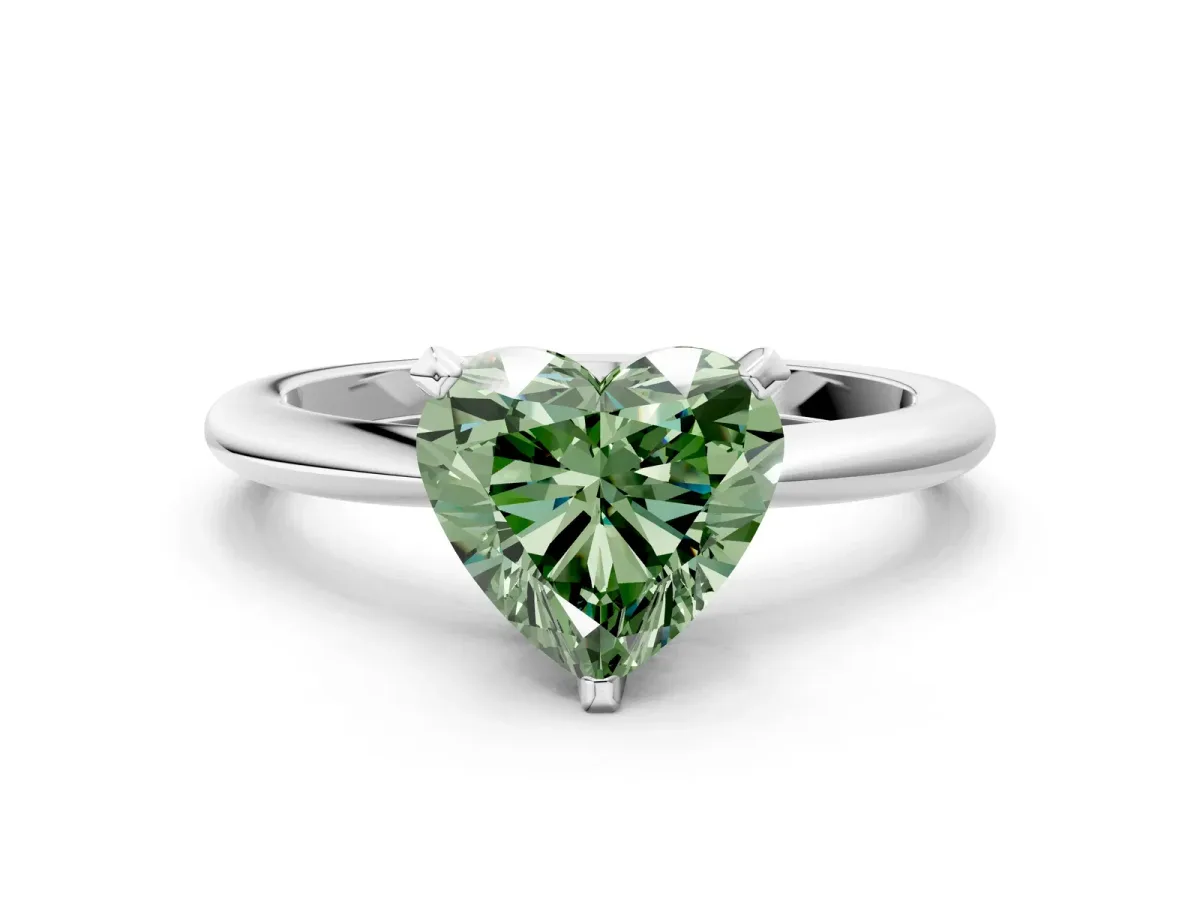 Fancy Green Heart Cut Diamond Solitaire Ring with Six-Prong Setting and Classic Band Silver