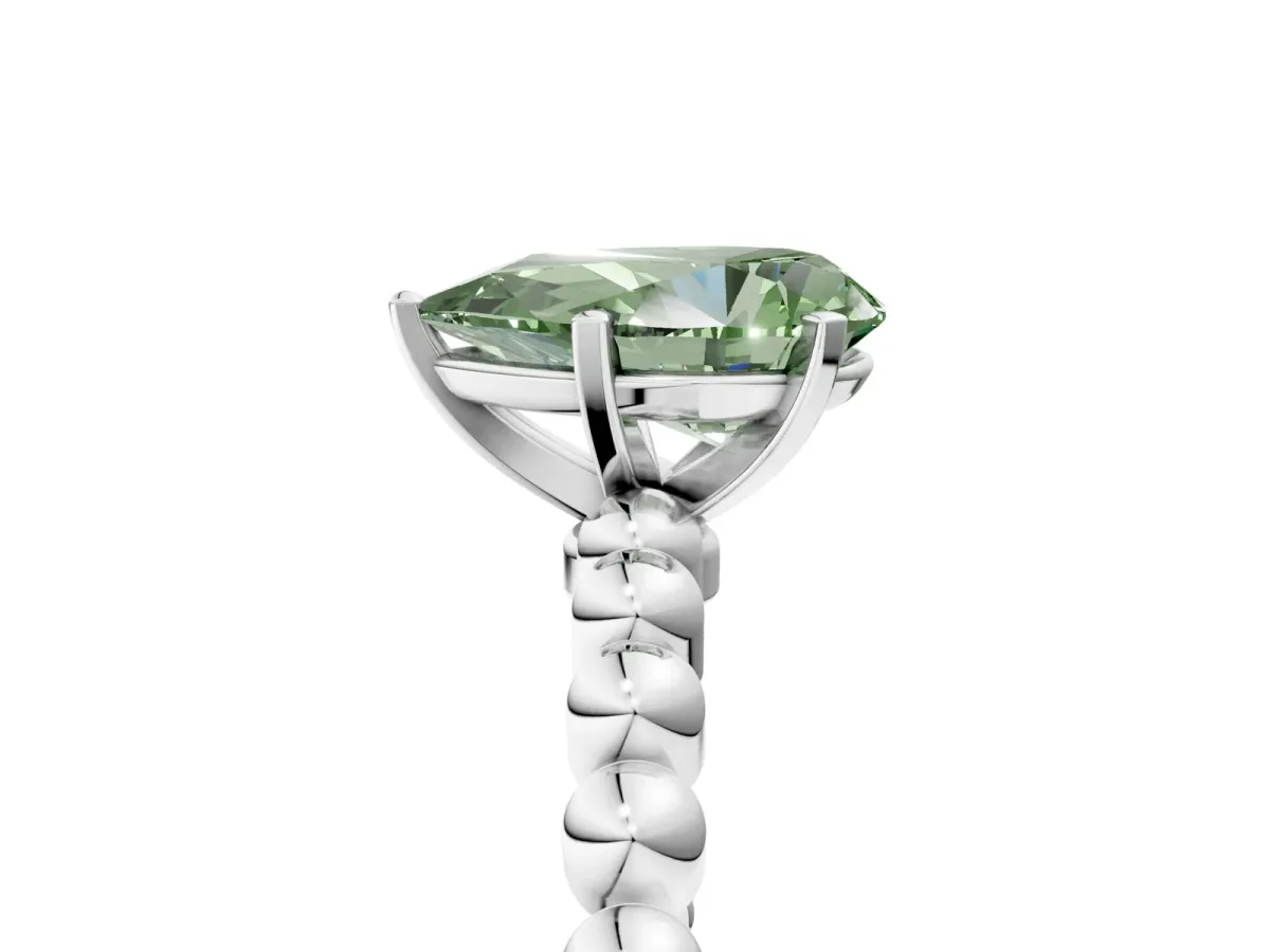 Fancy Green Pear Cut Diamond Solitaire Ring with Beaded Band and Prong Setting Platinum
