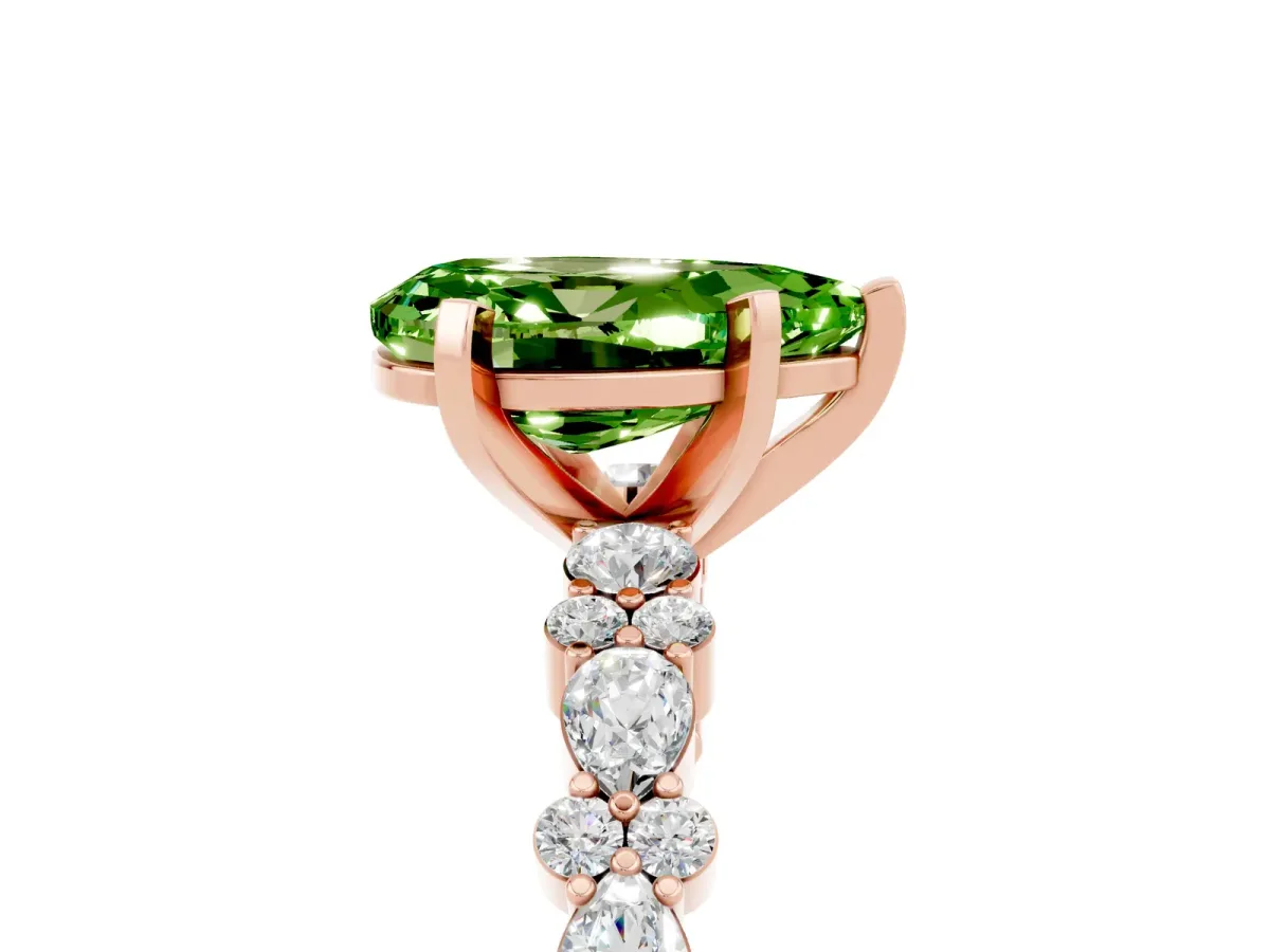 Pear Cut Peridot Side Stone Solitaire Ring with Round and Four-Prong Setting Rose gold