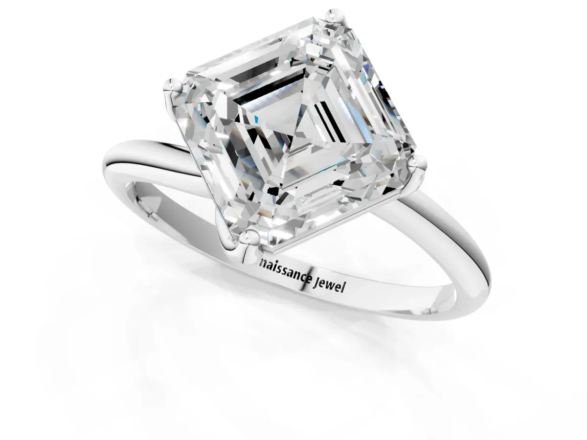 Asscher Cut Diamond Solitaire Engagement Ring with Four-Prong Setting and Classic Band Platinum