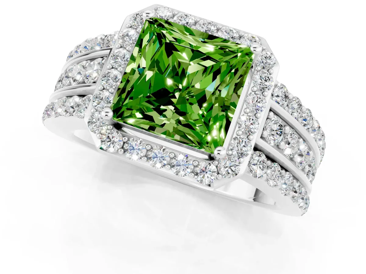 Princess Cut Halo Peridot Ring with Round Split Shank and Prong Setting Platinum