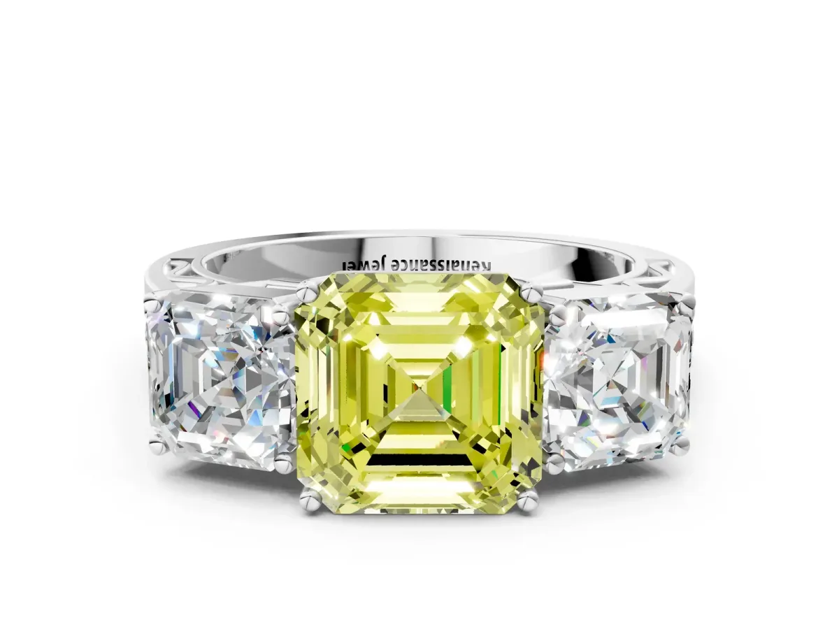 Fancy Yellow Asscher Cut Diamond Three-Stone Ring with Prong Setting and Textured Band Platinum
