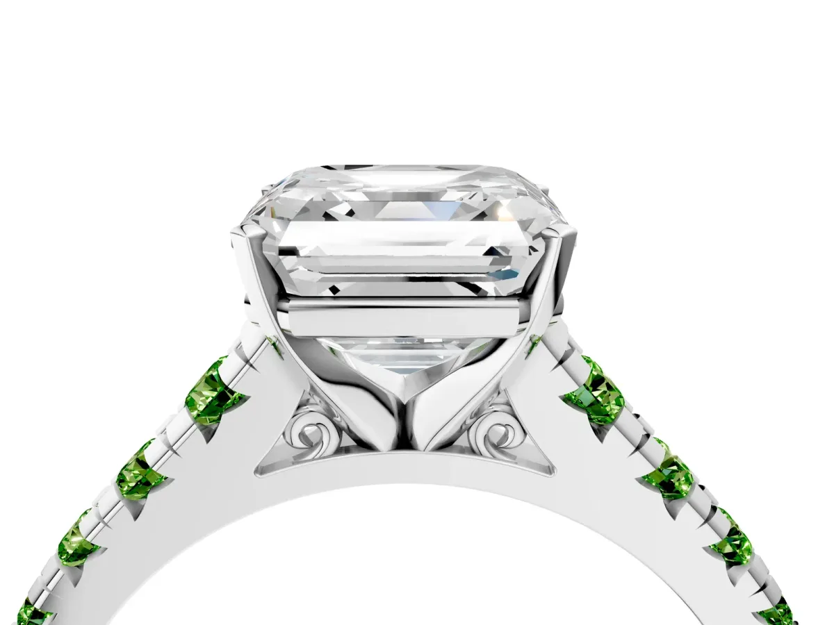 Asscher Cut Diamond Cathedral Solitaire Ring with Round Peridot Pavé Band Silver