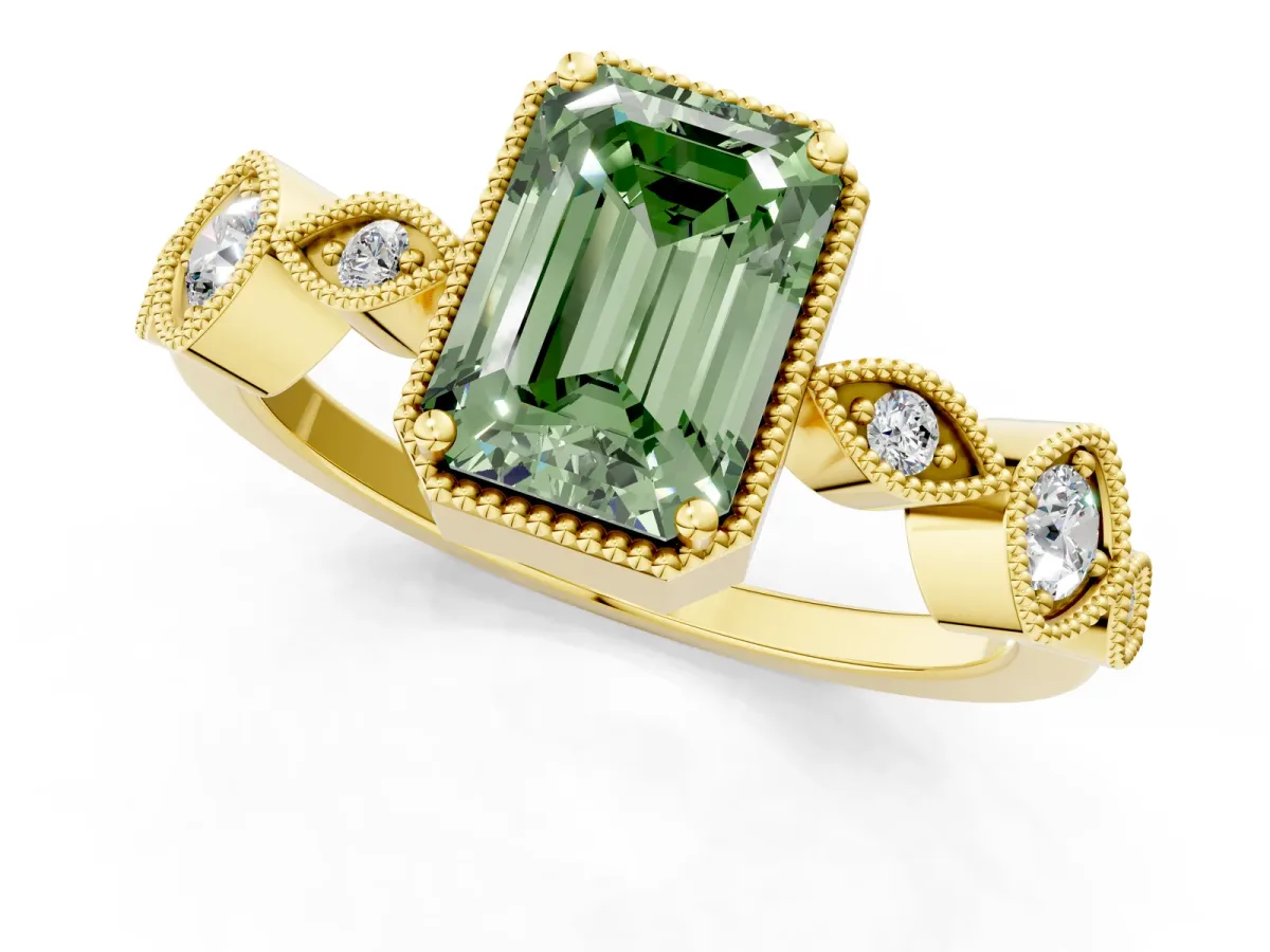 Fancy Green Emerald Cut Diamond Vintage Milgrain Ring with Round Stations Yellow gold