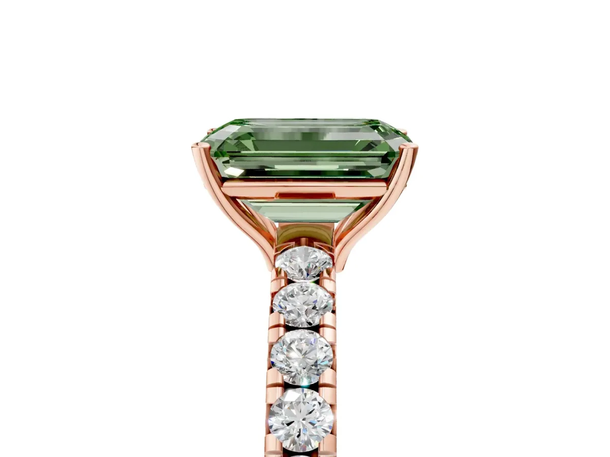 Fancy Green Emerald Cut Diamond Pavé Solitaire Engagement Ring with Four-Prong Setting Rose gold