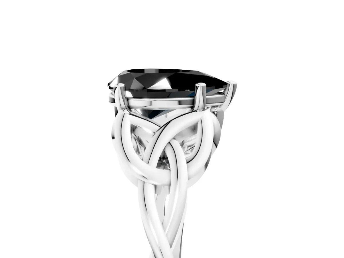Fancy Black Pear Cut Diamond Solitaire Engagement Ring with Celtic Knot Band and Four-Prong Setting Silver