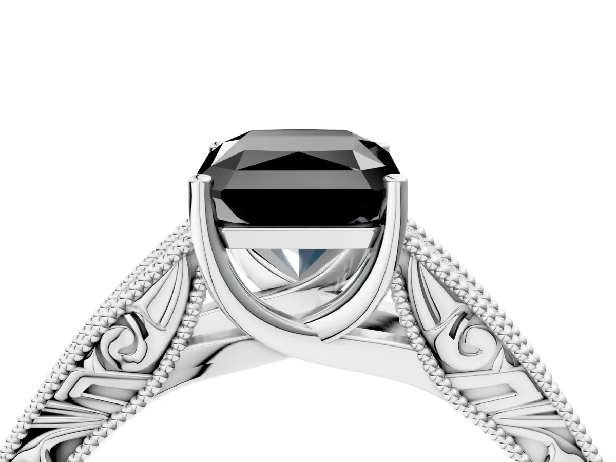 Fancy Black Radiant Cut Diamond Solitaire Ring with Engraved Band and Four-Prong Setting Platinum
