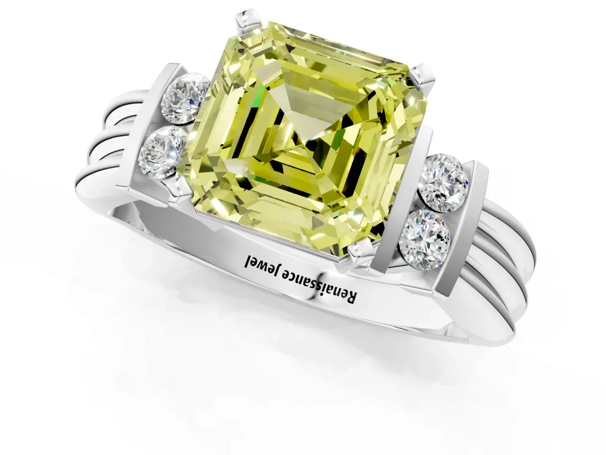 Fancy Yellow Asscher Cut Cut Three-Stone Channel Set Ring with Bar Prongs Platinum