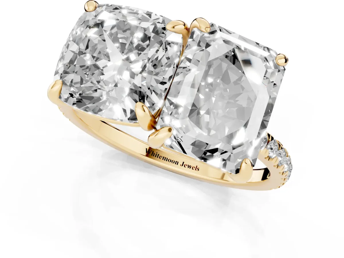 Cushion and Emerald Toi Moi Ring with Prong Setting and Micro Pave Band Yellow gold