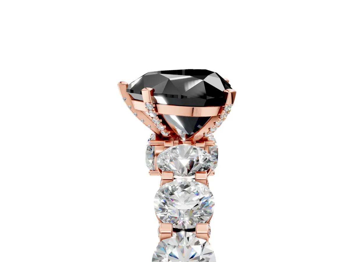 Fancy Black Heart Cut Diamond Side Stone Engagement Ring with Four-Prong Setting Rose gold