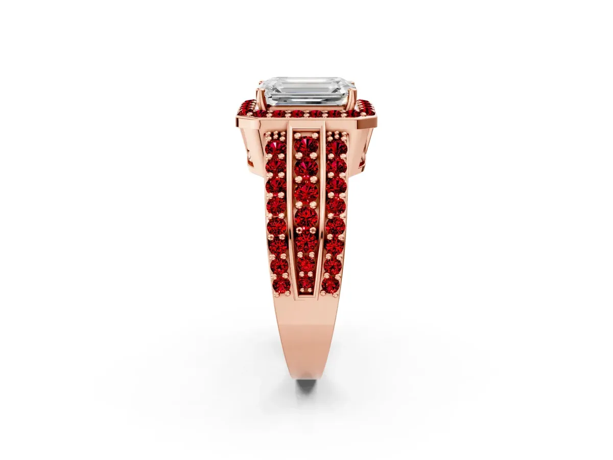 Emerald Cut Halo Diamond Ring with Round Ruby Split Shank and Prong Setting Rose gold