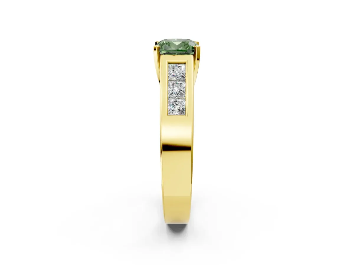Fancy Green Cushion Cut Cut Channel Set Solitaire Ring with Four-Prong Setting Yellow gold
