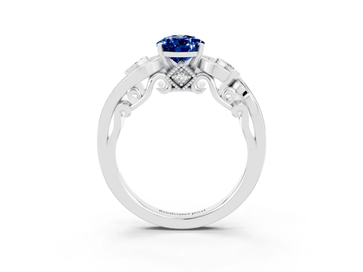 Pear Cut Blue Sapphire Solitaire Ring with Milgrain Pavé Band and Four-Prong Setting Silver