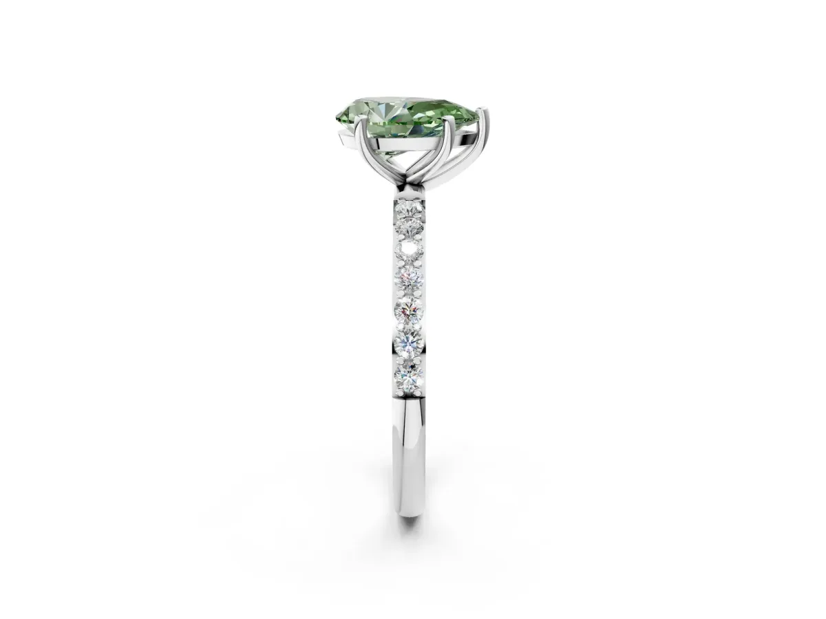 Fancy Green Pear Cut Diamond Solitaire Ring with Round Pavé Shoulders and Prong Setting White gold