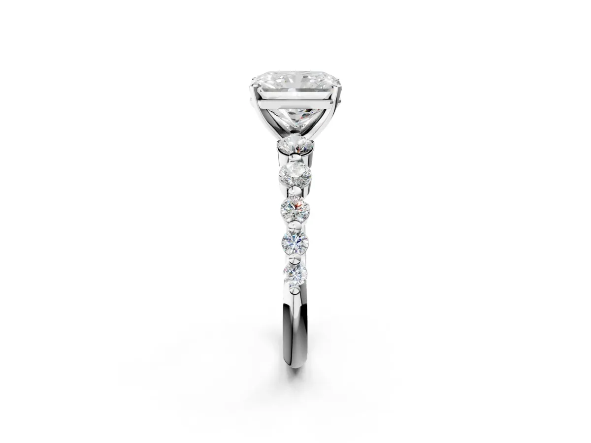 Radiant Cut Solitaire Diamond Ring with Pave Band and Four-Prong Setting Silver
