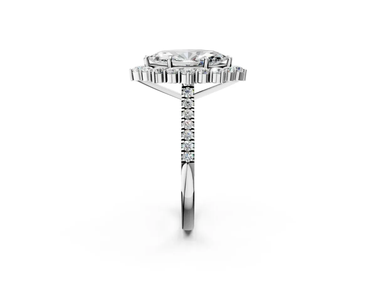 Marquise Cut Halo Diamond Ring with Pavé Band and Prong Setting Silver