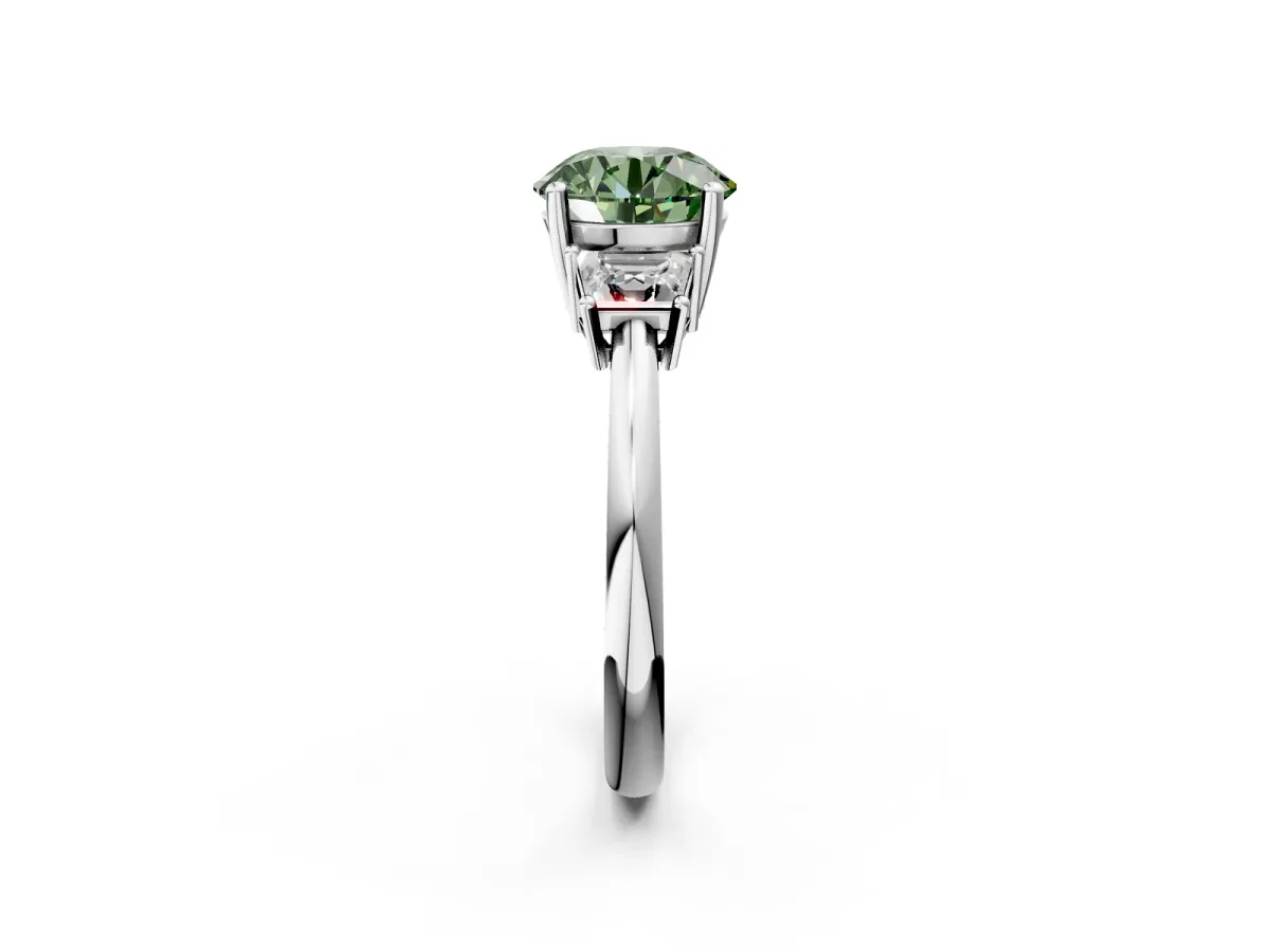 Fancy Green Round Cut Diamond Three-Stone Ring with Trapezoid Side Stones and Prong Setting Silver