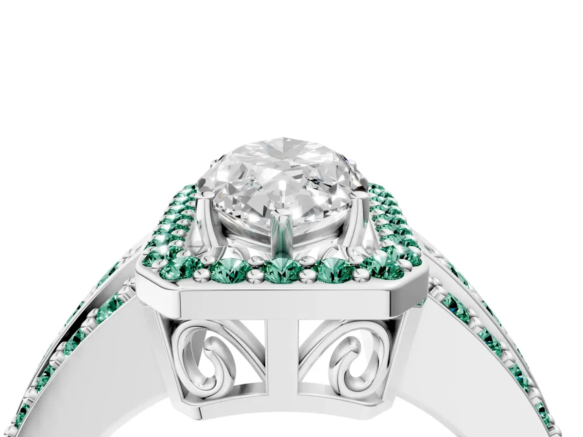 Marquise Cut Halo Diamond Ring with Round Green Sapphire Split Shank and Prong Setting Silver