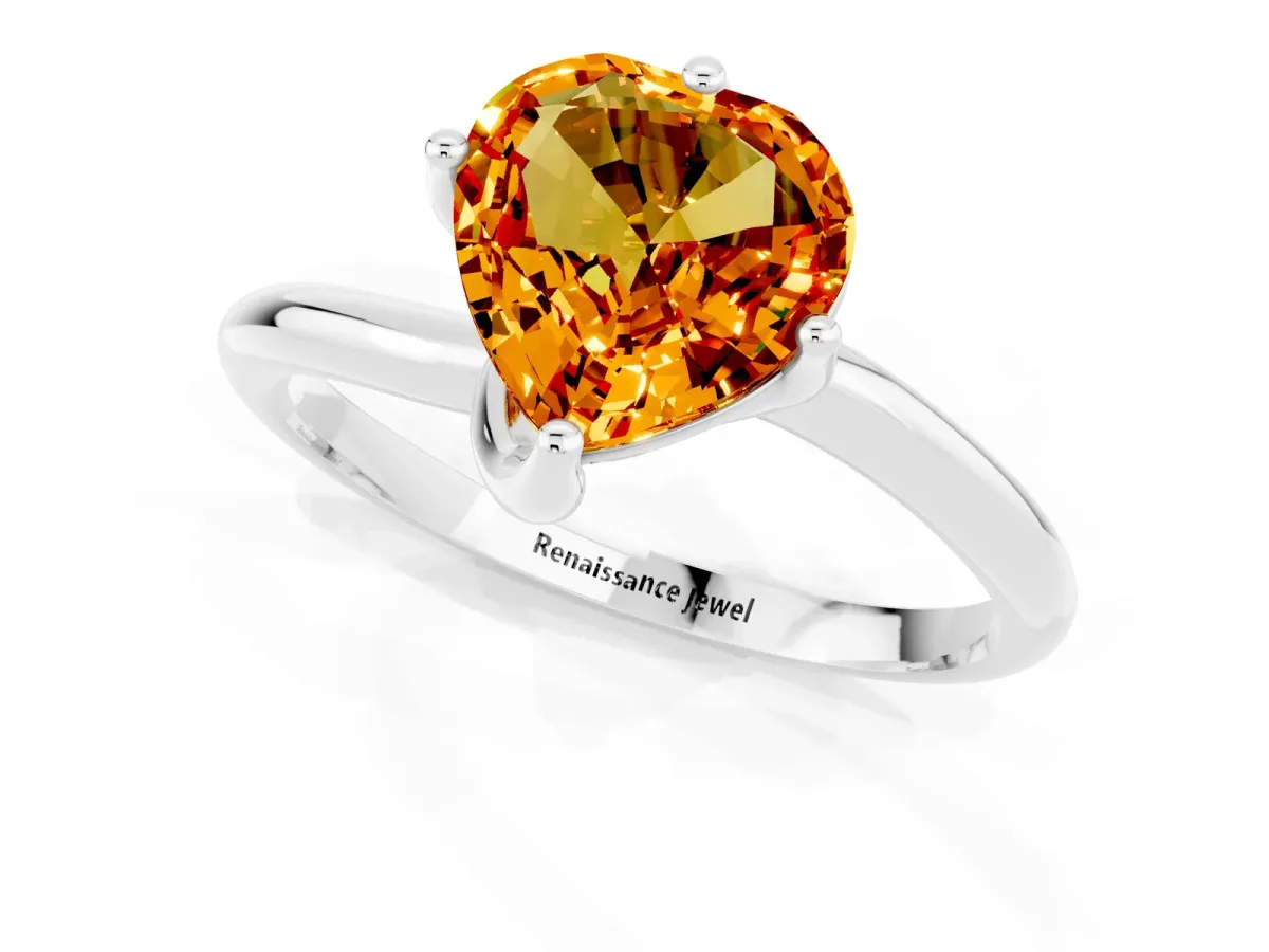 Heart Cut Citrine Solitaire Engagement Ring with Four-Prong Setting and Classic Band Silver