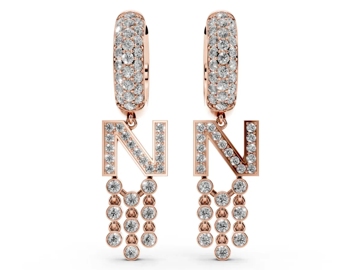 Round Diamond Initial N Huggie Hoop Earrings Rose gold