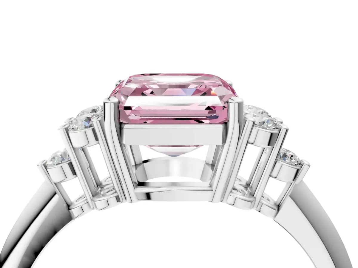 Fancy Pink Asscher Cut Cut Diamond Cluster Ring with Solitaire Band and Four-Prong Setting Platinum