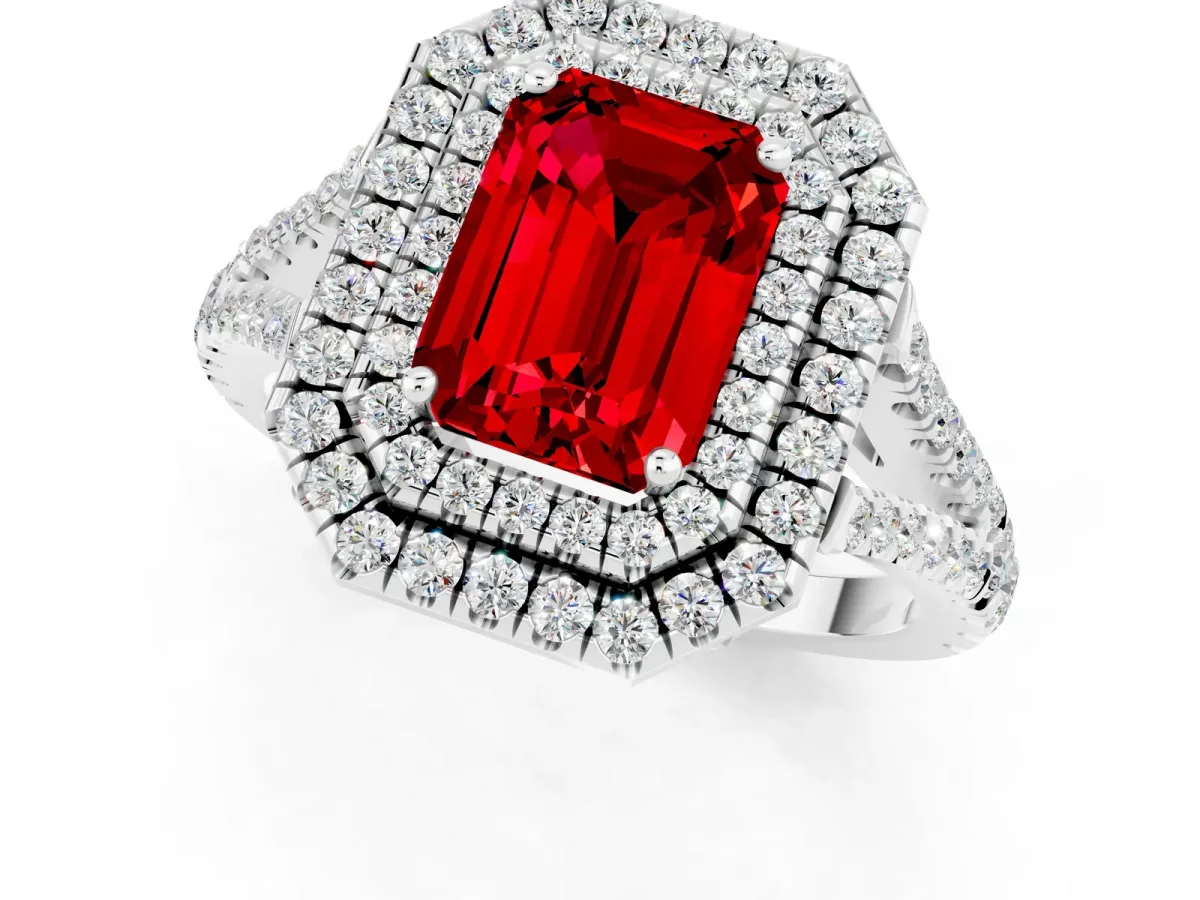 Emerald Cut Ruby Double Halo Ring with Pavé Band and Prong Setting White gold
