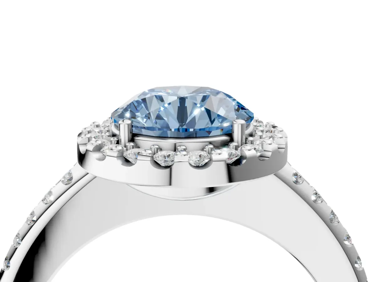 Fancy Blue Round Cut Diamond Pavé Halo Ring with Four-Prong Setting Platinum