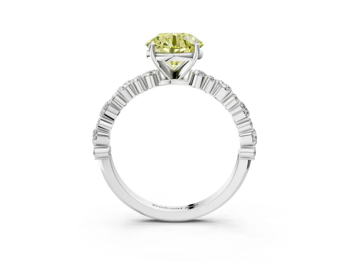 Fancy Yellow Round Cut Diamond Side Stone Solitaire Ring with Round and Four-Prong Setting Silver