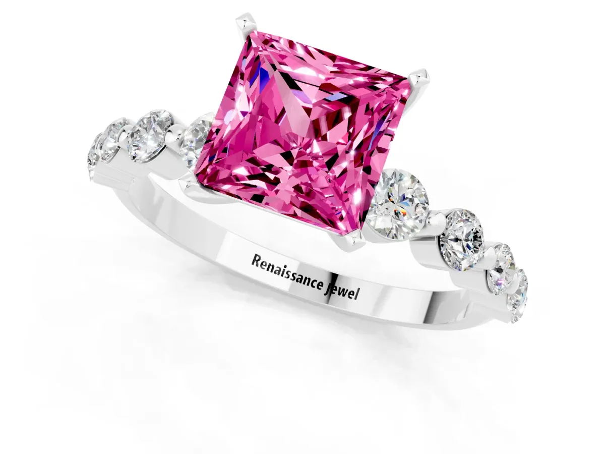 Princess Cut Solitaire Pink Sapphire Ring with Pave Band and Four-Prong Setting Silver