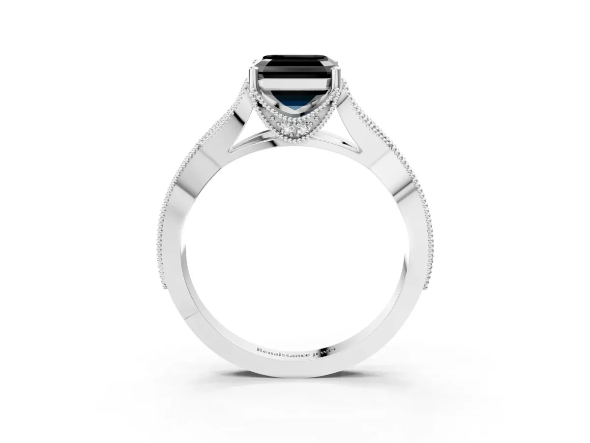 Fancy Black Asscher Cut Cut Diamond Twisted Band with Milgrain Pave Setting and Four-Prong Setting Platinum