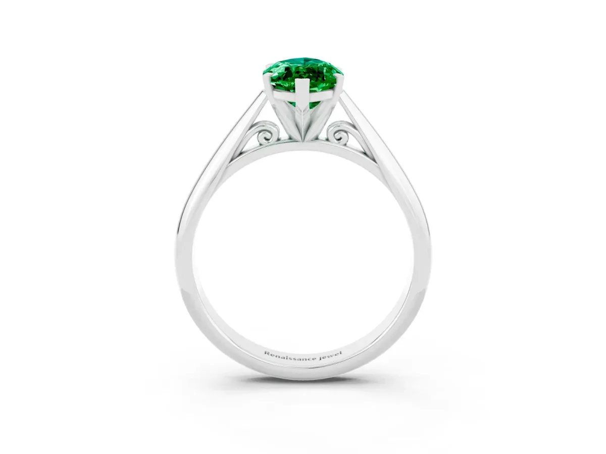 Marquise Cut Emerald Solitaire Engagement Ring with Cathedral Setting and Four-Prong Mount White gold
