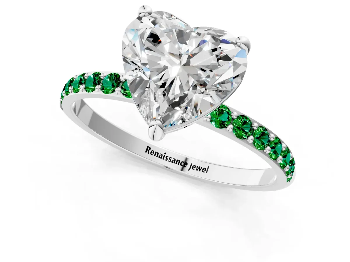 Heart Cut Diamond Solitaire Ring with Round Emerald Pavé Band and Prong Setting Silver