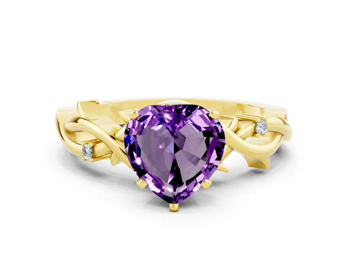 Heart Cut Amethyst Solitaire Ring with Twisted Band and Prong Setting Yellow gold