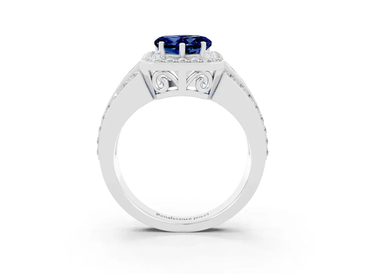 Heart Cut Halo Blue Sapphire Ring with Round Split Shank and Prong Setting Platinum