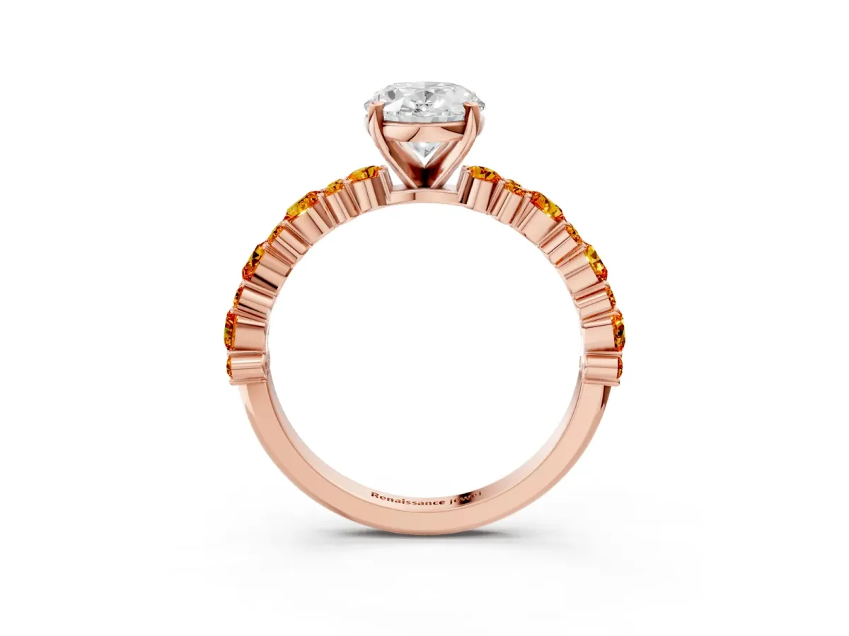 Oval Cut Diamond Side Stone Solitaire Ring with Round Citrine and Four-Prong Setting Rose gold