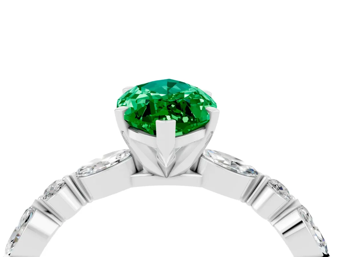Marquise Cut Emerald Ring with Marquise and Round Side Stones and Four-Prong Setting Silver